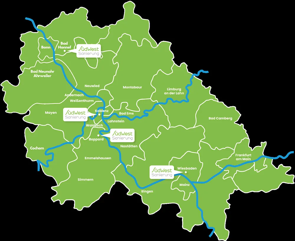 Karte des Einsatzgebiets der SüdWest Sanierung zwischen Eifel, Koblenz, Wiesbaden und Bad Honnef